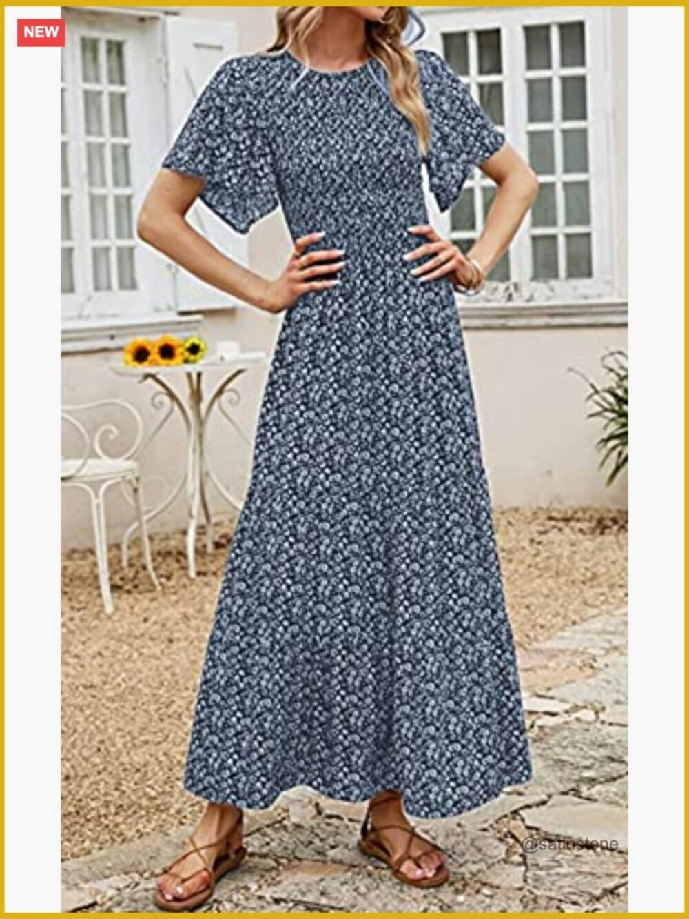 Flutter Short Sleeve Smocked Tiered Maxi Dress Casual Boho Floral - Picture 5 of 7